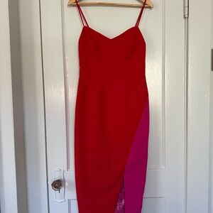 Fun pink and red strapless cocktail dress